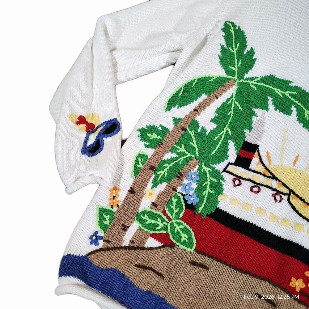 Quacker Factory Womens Coastal Grandma Cruise Ship Sweater M Palm Tree Beach - Picture 4 of 9